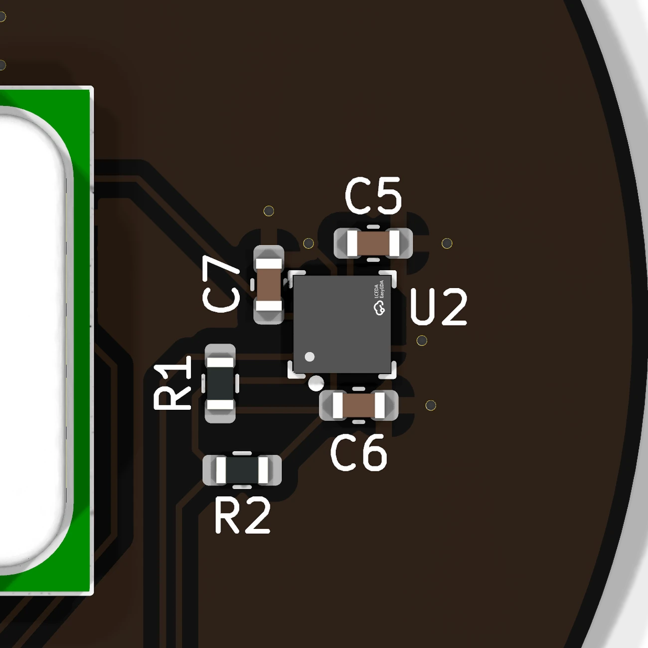 Close-up of the compass chip on the DEXI GPS board, about 3 mm square, surrounded by its decoupling capacitors and two pull-up resistors.
