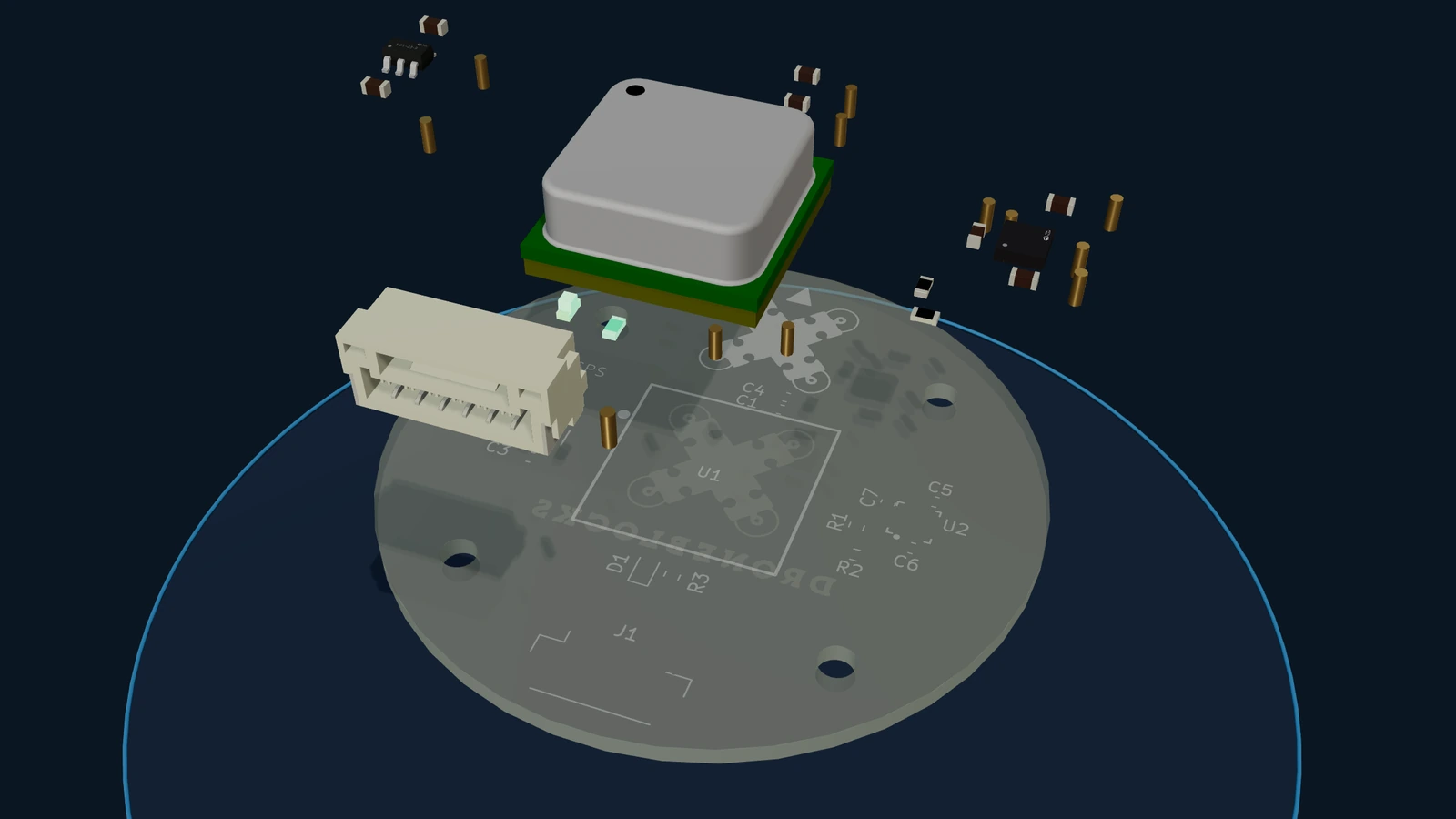 An exploded view of the round DEXI GPS board: the shielded satellite receiver module and its connector, the compass group, the regulator, the passives and the standoffs, all floating above the translucent board they solder to.