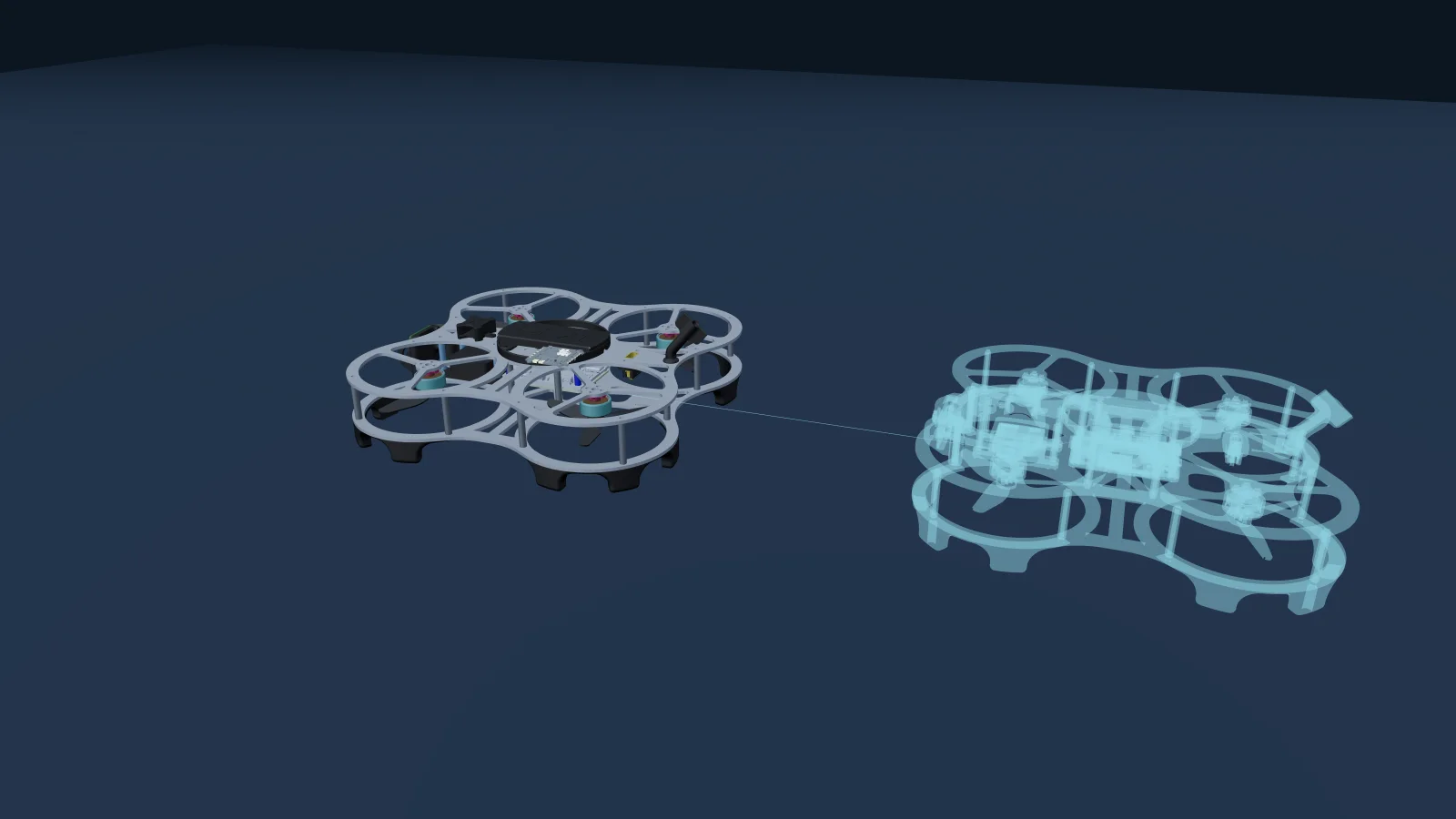 A DEXI quadcopter hovering in place beside a translucent copy of itself several body-lengths away, joined by a thin line. The solid aircraft is where the drone is. The ghost is where the IMU alone believes it is.